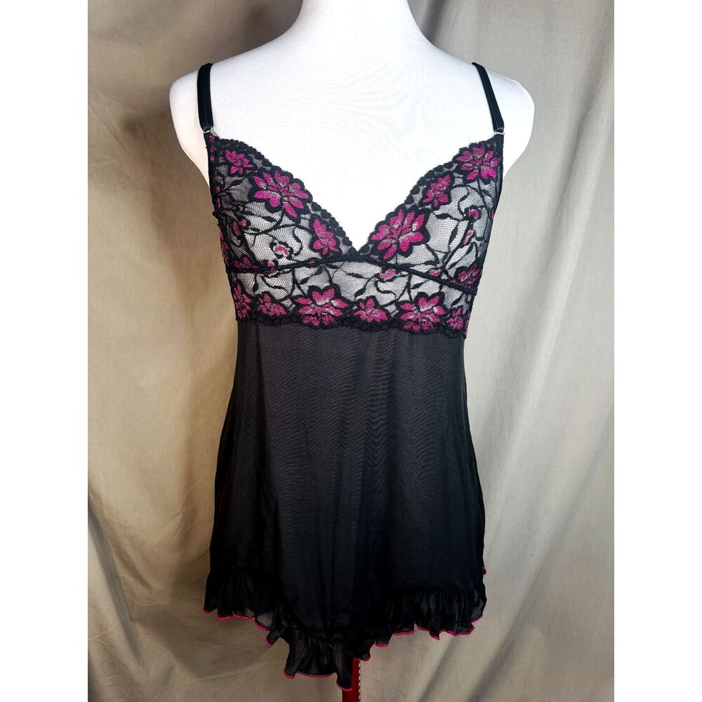 vintage y2k 2000s babydoll lingerie dress nightie transparent floral lace mesh M